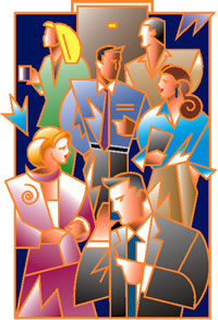 Illustration showing a montage of business people.