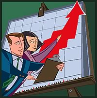 Illustration showing two business people reviewing a graph on an easel.