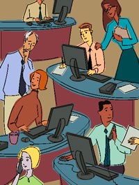 Illustration showing an open office floor plan with staff working on computers.