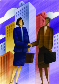 Illustration showing businesswomen shaking hands in a city.