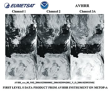 Photo showing three images from the NOAA Advanced Very High Resolution Radiometer (AVHRRR). The two images to the left correspond to the visible channels 1 and 2, while the image to the right shows the infrared channel 3A.