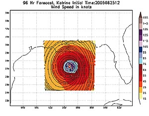 NOAA image showing the HWRF 96-hour (4-day) forecast for Hurricane Katrina, heading for New Orleans in 2005.