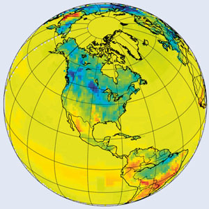 NOAA snapshot of the surface uptake of CO2 across North America showing the strongest CO2 sinks (blue colors) in the East Coast forests, coniferous forests in Canada and the U.S. Midwest.