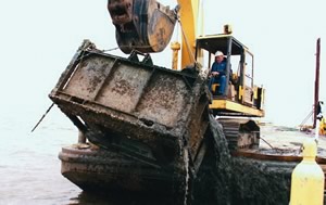 Photo showing marine debris being removed from Calcasieu Lake, LA using a bulldozer, in January 2007.