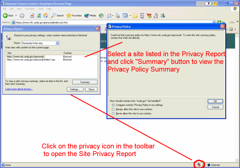 Privacy Policy notification process in Internet Explorer