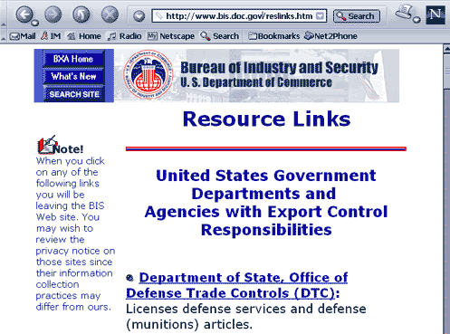 Screen Print of http://www.bis.doc.gov/reslinks.htm with one notification for all the links on the page.