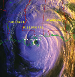 Photo showing a satellite image of Hurricane Katrina passing over the Gulf Coast.