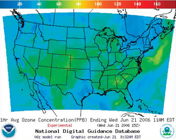 NOAA map showing U.S. ozone forecast as of June 21, 2006, at 11 a.m. EDT.