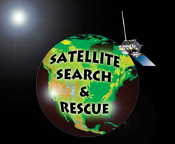 NOAA illustration showing NOAA satellite used to search and rescue mariners and hikers..