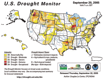 Photo showing the 2005 U.S. Drought Monitor for the week of September 20th, jointly produced by NOAA, USDA, and the University of Nebraska.